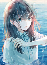 Rule 34 | 1girl, black hair, blue eyes, blue ribbon, closed mouth, collared shirt, commentary request, hagimorijia, long hair, looking at viewer, neck ribbon, original, partially submerged, ribbon, shirt, short sleeves, sidelocks, solo, tearing up, upper body, water, water drop, white shirt