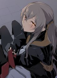 Rule 34 | 1girl, black gloves, black jacket, black pantyhose, blush, breasts, brown eyes, closed mouth, fingerless gloves, girls&#039; frontline, gloves, grey hair, hair between eyes, hood, hooded jacket, jacket, long hair, looking at viewer, one side up, pantyhose, scar, scar across eye, scar on face, shirt, small breasts, solo, tsuki tokage, ump45 (girls&#039; frontline), white shirt
