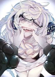 Rule 34 | 1girl, abyssal ship, bikini, black bikini, black gloves, braid, breasts, finger in another&#039;s mouth, glasses, gloves, highres, kantai collection, leaning forward, long hair, messy hair, ruohire9, sharp teeth, small breasts, solo focus, supply depot princess, swimsuit, tears, teeth, thigh gap, white background, white hair