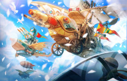 Rule 34 | absurdres, aircraft, airship, bird, blue sky, cloud, cockpit, commentary, confetti, day, dirigible, english commentary, flag, gears, gun, highres, holding, holding gun, holding weapon, original, outdoors, propeller, rocket launcher, sky, steampunk, vehicle focus, weapon, wheel, yomii ba chu