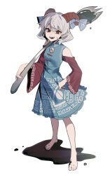 Rule 34 | 1girl, absurdres, blue dress, curly hair, detached sleeves, dress, earrings, full body, highres, holding, holding spork, horizontal pupils, horn ornament, horn ribbon, horns, jewelry, kiliko-san, looking at viewer, open mouth, oversized object, patterned clothing, pointy ears, rectangular pupils, red eyes, red horns, red sleeves, ribbon, sharp teeth, sheep horns, short hair, smile, solo, spork, teeth, touhou, toutetsu yuuma, utensil, white hair