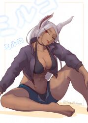 Rule 34 | 1girl, ;p, abs, absurdres, animal ears, barefoot, bikini, bikini under shorts, black bikini, black jacket, blue shorts, boku no hero academia, breasts, cleavage, collarbone, commentary, crescent, cropped jacket, dark-skinned female, dark skin, earclip, earrings, english commentary, feet, gem, head tilt, highres, jacket, jewelry, knee up, large breasts, long eyelashes, long hair, looking at viewer, mirko, mixed-language commentary, navel, one eye closed, open fly, parted bangs, rabbit ears, rabbit girl, red eyes, red gemstone, shorts, sitting, solo, sora raion, spanish commentary, stomach, swimsuit, thighs, toes, toned, tongue, tongue out, twitter username, white hair