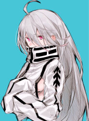 Rule 34 | 1girl, ahoge, breasts, covered mouth, grey hair, hands on own chest, high collar, highres, hikachil, jacket, laevateinn (phantom of the kill), long hair, long sleeves, medium breasts, phantom of the kill, red eyes, sideboob, sketch, sleeves past wrists, solo, upper body, white jacket, zipper