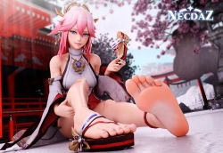 anklet barefoot foot_tease genshin_impact happy highres jewelry pink_hair sitting smile spread_legs yae_miko