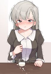 Rule 34 | 1girl, belt, blush, braid, braided bangs, breasts, collared dress, commentary request, dress, ear blush, earrings, embarrassed, furrowed brow, glass, grey belt, grey dress, grey eyes, grey hair, hand on table, hand up, highres, hisakawa hayate, idolmaster, idolmaster cinderella girls, jewelry, juliet sleeves, long sleeves, medium breasts, milk, motion lines, nose blush, oekaki machine, pout, puffy sleeves, single braid, solo, spilled milk, splatter, stained clothes, swept bangs, tearing up, trembling