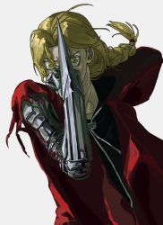 Rule 34 | 1boy, blonde hair, braid, braided ponytail, edward elric, fosfatale, fullmetal alchemist, highres, hood, hood down, hoodie, long hair, male focus, mechanical arms, ponytail, prosthesis, prosthetic arm, simple background, single mechanical arm, solo, torn clothes, torn sleeves, white background, wind, yellow eyes