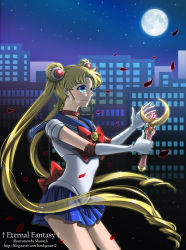 Rule 34 | 1990s (style), 1girl, bad id, bad pixiv id, bishoujo senshi sailor moon, blonde hair, blue eyes, blue sailor collar, blue skirt, bow, brooch, building, choker, city, crescent moon, double bun, elbow gloves, english text, facial mark, forehead mark, full moon, gloves, hair ornament, hairpin, jewelry, long hair, maboroshi no ginzuishou, magical girl, microskirt, moon, moon stick, night, petals, pleated skirt, red bow, ribbon, rose petals, sailor collar, sailor moon, shainea, skirt, solo, tears, tsukino usagi, twintails, very long hair, wand, watermark, web address, white gloves, wind