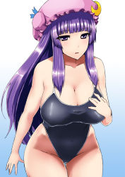 Rule 34 | 1girl, breasts, cleavage, collarbone, crescent, female focus, hand on own chest, hat, highleg, highleg swimsuit, huge breasts, ishimiso (ishimura), large breasts, long hair, one-piece swimsuit, patchouli knowledge, purple eyes, purple hair, school swimsuit, solo, swimsuit, touhou
