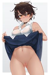 Rule 34 | 1girl, absurdres, bare shoulders, black choker, blue skirt, blush, border, bottomless, breasts, brown hair, buttons, choker, cleft of venus, clitoris, closed mouth, clothes lift, collarbone, collared shirt, cowboy shot, dark-skinned female, dark skin, dress shirt, ear piercing, gluteal fold, hair between eyes, highres, legs apart, lifting own clothes, looking at viewer, medium breasts, miniskirt, nose blush, original, piercing, pleated skirt, pussy, shirt, short hair, skirt, skirt lift, sleeveless, sleeveless shirt, small breasts, solo, standing, sweat, uncensored, white border, white shirt, wing collar, z.taiga
