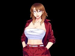 Rule 34 | 1girl, belt, breast suppress, breasts, brown hair, cleavage, collarbone, earrings, game cg, hair between eyes, hands in pocket, huge breasts, jacket, jewelry, long hair, looking at viewer, oohara kyuutarou, open clothes, open jacket, open mouth, original, pink eyes, red jacket, sarashi, shirouto yan mama, kosatsu av debut: mitena, onna wa dokyou daze!, smile, solo, standing, transparent background, upper body