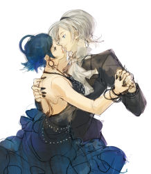 Rule 34 | 1boy, 1girl, ahoge, alternate costume, ascot, ash crimson, back, backless outfit, bad id, bad pixiv id, bare shoulders, black dress, black nails, blonde hair, blue eyes, blue hair, breasts, dancing, dress, earrings, elbow gloves, elisabeth blanctorche, formal, gloves, hairband, hetero, holding hands, interlocked fingers, jewelry, large breasts, lipstick, makeup, muse (rainforest), nail polish, shawl, short hair, the king of fighters