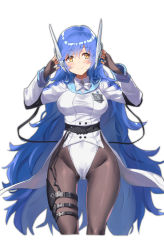 Rule 34 | 1girl, arm strap, belt, black gloves, black pantyhose, blue hair, blush, bow, bowtie, breasts, closed mouth, fingerless gloves, girls&#039; frontline, gloves, gluteal fold, groin, hair between eyes, hands on headwear, headgear, highres, jacket, large breasts, leotard, long hair, looking at viewer, messy hair, pantyhose, sidelocks, simple background, smile, solo, standing, tar-21 (girls&#039; frontline), thigh strap, twin (tt lsh), very long hair, white background, white bow, white leotard, yellow eyes