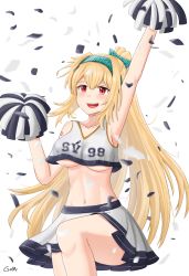 Rule 34 | 1girl, armpits, artist name, blonde hair, blush, bow, breasts, character name, cheerleader, collarbone, confetti, feet out of frame, gamryous, girls&#039; frontline, green bow, green hairband, hair bow, hairband, hands up, highres, holding, holding pom poms, long hair, looking at viewer, medium breasts, navel, number tattoo, open mouth, pom pom (cheerleading), pom poms, ponytail, red eyes, skirt, smile, solo, standing, standing on one leg, sv-98 (girls&#039; frontline), tank top, tattoo, underboob, white background, white skirt, white tank top