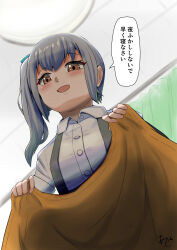 Rule 34 | 1girl, akashieru, brown eyes, collared shirt, commentary request, curtains, dress shirt, from below, grey hair, highres, kantai collection, kasumi (kancolle), long hair, looking at viewer, looking down, one-hour drawing challenge, pov, shirt, side ponytail, solo, suspenders, translation request, upper body, white shirt