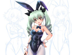 Rule 34 | 3girls, anchovy (girls und panzer), animal ears, bare shoulders, black bow, black leotard, bow, braid, breasts, brown eyes, carpaccio (girls und panzer), cleavage, collar, crossed arms, curvy, detached collar, drill hair, fake animal ears, girls und panzer, gradient background, green eyes, green hair, grin, hand on own hip, high heels, highleg, highleg leotard, holding riding crop, kamogawa tanuki, large breasts, legs, leotard, long hair, looking at viewer, medium breasts, multiple girls, open mouth, pantyhose, pepperoni (girls und panzer), playboy bunny, rabbit ears, riding crop, shiny clothes, shiny skin, short hair, simple background, sketch, smile, teeth, twin drills, twintails, white background, white pantyhose, wide hips, wrist cuffs
