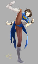 Rule 34 | 1girl, absurdres, alternate costume, ass, blue dress, boots, bracelet, breasts, brown eyes, brown hair, brown pantyhose, capcom, china dress, chinese clothes, chun-li, chun-li (cosplay), commentary request, commission, cosplay, cross-laced footwear, dated, dress, embarrassed, full body, grey background, highres, jewelry, kawakami sadayo, kicking, knee boots, lace-up boots, leg up, leggings, ozkh, panties, pantyhose, pelvic curtain, persona, persona 5, puffy short sleeves, puffy sleeves, sash, short hair, short sleeves, signature, simple background, solo, spiked bracelet, spikes, standing, street fighter, thighs, underwear, white footwear