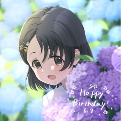 Rule 34 | 1girl, artist name, asymmetrical bangs, birthday, black hair, blue flower, blush, child, commentary request, dated, day, dot nose, english text, field, flower, flower field, hair ornament, happy birthday, highres, idolmaster, idolmaster cinderella girls, lens flare, lens flare abuse, light blush, looking at viewer, medium bangs, megabee e, open mouth, outdoors, purple flower, purple ribbon, rabbit hair ornament, ribbon, sasaki chie, short hair, signature, smile, standing, straight hair, swept bangs, teeth, tongue, twitter username, upper teeth only