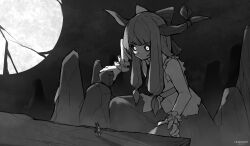 Rule 34 | 2girls, bow, broken moon, chiroru (cheese-roll), dated, english text, full moon, giant, giantess, gohei, greyscale, hair bow, hakurei reimu, highres, horn ornament, horn ribbon, horns, ibuki suika, long hair, looking at another, monochrome, moon, multiple girls, outdoors, ribbon, rock, shirt, sidelocks, skirt, standing, torn clothes, torn sleeves, touhou, wrist cuffs