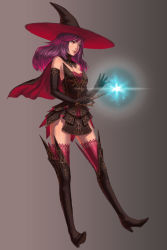 Rule 34 | 1girl, bad id, bad pixiv id, boots, cape, dress, elbow gloves, female focus, full body, gloves, grey background, hat, high heel boots, high heels, highres, jacketbear, long hair, original, purple hair, red eyes, solo, thigh boots, thighhighs, wand, witch, witch hat