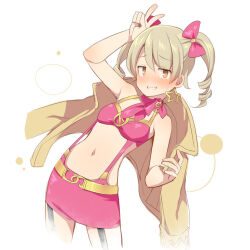 Rule 34 | 1girl, @ @, alternate hairstyle, blush, bow, bra, breasts, brown eyes, commentary request, cosplay, drill hair, earrings, embarrassed, garter straps, grin, hair bow, hands up, idolmaster, idolmaster cinderella girls, jacket, jacket on shoulders, jewelry, jougasaki mika, jougasaki mika (cosplay), light brown hair, long sleeves, looking at viewer, medium hair, morikubo nono, navel, pink bow, pink bra, pink scarf, pink skirt, scarf, skirt, small breasts, smile, solo, star (symbol), star earrings, stomach, suspenders, thighs, twintails, uccow, underwear, v, white background, yellow jacket