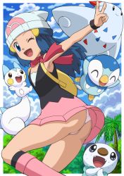 Rule 34 | 1girl, arm up, armpits, ass, backpack, bag, beanie, bird, blue eyes, blue hair, blue sky, boots, cloud, creatures (company), dawn (pokemon), day, forest, game freak, gen 4 pokemon, gen 5 pokemon, hair ornament, hat, knee boots, long hair, looking at viewer, looking back, miniskirt, nature, nintendo, one eye closed, open mouth, oshawott, pachirisu, palm tree, panties, pantyshot, penguin, pink footwear, piplup, pokemoa, pokemon, pokemon (anime), pokemon (creature), red scarf, scarf, skirt, sky, sleeveless, smile, standing, thighs, togekiss, tree, underwear, upskirt, v, white panties, wink