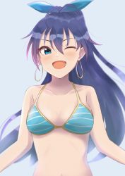 Rule 34 | :d, absurdres, bikini, blue background, blue bikini, blue eyes, blue ribbon, blush, breasts, cleavage, collarbone, earrings, fang, fang out, ganaha hibiki, hair between eyes, hair ribbon, halterneck, high ponytail, highres, hoop earrings, idolmaster, idolmaster (classic), idolmaster 2, jewelry, long hair, looking to the side, medium breasts, navel, one eye closed, open mouth, ponytail, ribbon, rrtp, simple background, sleeveless, smile, solo, striped bikini, striped clothes, swimsuit, upper body