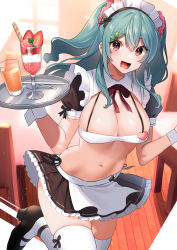 Rule 34 | 1girl, :d, akagi kurage, apron, aqua hair, black footwear, black shirt, black skirt, bow, bowtie, breasts, cleavage, crop top, cup, drinking glass, frilled skirt, frills, hair between eyes, highres, holding, large breasts, leg up, long hair, looking at viewer, maid, maid apron, maid headdress, mary janes, midriff, miniskirt, moe2021, navel, open mouth, original, parfait, pleated skirt, red eyes, revealing clothes, shirt, shoes, short sleeves, sidelocks, skindentation, skirt, smile, solo, stomach, thighhighs, thighs, tray, two side up, waist apron, white thighhighs, wrist cuffs, zettai ryouiki