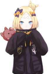 Rule 34 | 1girl, abigail williams (fate), abigail williams (traveling outfit) (fate), black bow, black jacket, blonde hair, blue eyes, blush, bow, closed mouth, commentary request, crossed bandaids, fate/grand order, fate (series), hair bow, hair bun, hands up, jacket, long hair, long sleeves, looking at viewer, hugging object, official alternate costume, orange bow, parted bangs, polka dot, polka dot bow, simple background, single hair bun, sleeves past fingers, sleeves past wrists, solo, stuffed animal, stuffed toy, teddy bear, upper body, white background, yuzuaji