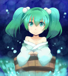 Rule 34 | 1girl, bad id, bad pixiv id, bucket, collarbone, female focus, green eyes, green hair, hair bobbles, hair ornament, in bucket, in container, kisume, long sleeves, matching hair/eyes, nitorino, off shoulder, short hair, smile, solo, touhou, twintails, wide sleeves
