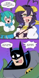 Rule 34 | 2koma, antenna hair, aqua hair, artist name, batman, batman (series), black cape, blue skirt, blush, bodysuit, breasts, cape, comic, constricted pupils, curled horns, dankodeadzone, dc comics, dot nose, drooling, elbow gloves, embarrassed, empty eyes, english text, excited, eyebrows, eyelashes, fang, gloves, gradient background, grey bodysuit, hiiragi utena, hood, hood up, hooded cape, horns, large breasts, long hair, long image, looking at another, looking at viewer, magia azure, magia baiser, magical girl, mahou shoujo ni akogarete, masochism, medium hair, minakami sayo, naughty face, nervous, open mouth, pasties, patreon username, purple background, purple gloves, purple hair, purple pasties, red eyes, restrained, saliva, scared, shirt, shrug (clothing), simple background, skirt, small breasts, star-shaped pupils, star (symbol), star pasties, symbol-shaped pupils, teeth, tentacles, third-party edit, tongue, upper body, white shirt, white shrug, yellow eyes, yellow horns
