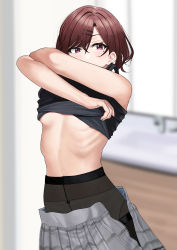 Rule 34 | 1girl, absurdres, bare arms, black pantyhose, black shirt, blurry, blurry background, bow, bow panties, breasts, brown hair, clothes lift, commentary request, crossed arms, dance studio, grey shirt, grey skirt, hair ornament, hairclip, high-waist pantyhose, highres, higuchi madoka, idolmaster, idolmaster shiny colors, indoors, looking at viewer, mole, mole under eye, panties, panties under pantyhose, pantyhose, plaid, plaid skirt, pleated skirt, pol winner, purple eyes, railing, red hair, ribs, see-through, shirt, shirt lift, short hair, skirt, sleeveless, sleeveless shirt, small breasts, solo, stomach, thighband pantyhose, underboob, underwear, undressing, unzipped, white panties