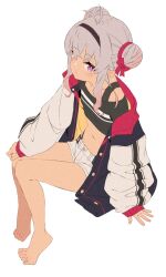 Rule 34 | 1girl, akitetsu, alternate hairstyle, bare legs, barefoot, black jacket, black shirt, blush, closed mouth, collarbone, crop top, crossed bangs, double bun, eyelashes, feet, flat chest, full body, gradient hair, grey hair, grey jacket, hair bun, hairband, hand up, highleg, highleg panties, highres, jacket, knees together feet apart, leaning back, legs, long hair, long sleeves, looking at viewer, matsukai mao, micro shorts, midriff, multicolored clothes, multicolored hair, multicolored jacket, navel, nijisanji, open mouth, oversized clothes, panties, pink jacket, purple eyes, shirt, shorts, sidelocks, sitting, solo, thighs, toes, underwear, virtual youtuber, white background