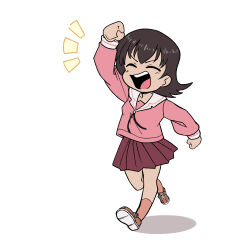 Rule 34 | 1girl, azumanga daiou, boltcreature, brown hair, clenched hands, closed eyes, commentary, covered erect nipples, covered navel, english commentary, excited, highres, open mouth, pink shirt, pink skirt, raised fist, school uniform, shadow, shirt, shoes, short hair, simple background, skirt, sneakers, solo, takino tomo, white background