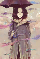 Rule 34 | 1girl, air bubble, brown hair, bubble, clona, cloud, commentary request, curly hair, expressionless, fish, gradient background, highres, holding, holding umbrella, jacket, looking at viewer, muted color, original, parasol, ribbon, solo, surreal, umbrella, water drop