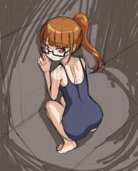 Rule 34 | 1girl, against wall, ass, brown background, brown eyes, brown hair, glasses, long hair, looking at viewer, minami mirei, one-piece swimsuit, ponytail, pretty series, pripara, rohitsuka, school swimsuit, short hair, sketch, smile, solo, squatting, swimsuit