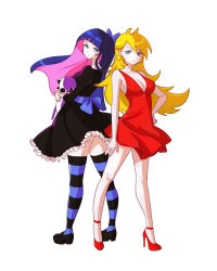 Rule 34 | 2girls, aqua eyes, ash (cat7evy), bare arms, bare legs, bare shoulders, black dress, black footwear, blonde hair, blunt bangs, bow, breasts, closed mouth, collarbone, commentary request, dress, earrings, frilled dress, frills, from behind, full body, hair bow, hair ornament, high heels, highres, holding, jewelry, large breasts, legs apart, long hair, looking at viewer, looking back, multiple girls, necklace, panty &amp; stocking with garterbelt, panty (psg), parted bangs, platform footwear, platform heels, purple hair, red dress, red footwear, siblings, simple background, sisters, smile, smirk, standing, stocking (psg), striped clothes, striped thighhighs, thighhighs, v-shaped eyebrows, white background