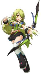 Rule 34 | 1girl, absurdres, alternate costume, belt, boots, bow (weapon), breasts, cleavage, elf, elsword, full body, green hair, highres, long hair, pointy ears, ranger (elsword), rena erindel, skirt, solo, thighhighs, transparent background, weapon, white thighhighs, yellow eyes