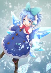 Rule 34 | 1girl, :d, adapted costume, ahoge, blue bow, blue eyes, blue hair, blue pantyhose, boots, bow, broken, buttons, cirno, coat, cross-laced footwear, earmuffs, eyebrows, hair bow, ice, ice wings, lace-up boots, legs apart, long sleeves, looking at viewer, matching hair/eyes, messy hair, mitsucho, mittens, open mouth, outstretched arms, pantyhose, pom pom (clothes), red bow, short hair, smile, snowflakes, solo, stitches, teeth, touhou, wings, winter clothes