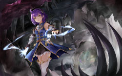 Rule 34 | absurdres, ahoge, bare shoulders, belt, black skirt, blush, boots, cave, chestnut mouth, chinese commentary, commentary request, cowboy shot, furrowed brow, gauntlets, hairband, highres, leather belt, magic, miniskirt, polymer77721, purple hair, scared, short hair, skirt, solo, thigh boots, thighhighs, tower of saviors, vambraces, white thighhighs, yellow eyes