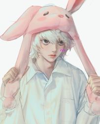 Rule 34 | 1boy, animal hood, black eyes, closed mouth, collared shirt, death note, hair between eyes, hood, jnkku, long sleeves, looking to the side, male focus, near (death note), pom pom (clothes), rabbit hood, shirt, short hair, solo, upper body, white background, white hair, white shirt