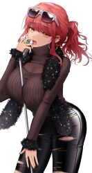 Rule 34 | 1girl, absurdres, black nails, black pants, black scarf, breasts, cleavage cutout, clothing cutout, denim, earrings, eyewear on head, goddess of victory: nikke, highres, jeans, jewelry, kumo tabetai, leather, leather pants, microphone, microphone stand, pants, red hair, scarf, solo, sweater, torn clothes, torn pants, turtleneck, turtleneck sweater, volume (nikke), yellow eyes