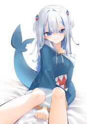 Rule 34 | 1girl, absurdres, animal costume, blue eyes, blue hair, blue hoodie, feet out of frame, fins, fish tail, gang h, gawr gura, gawr gura (1st costume), hair ornament, highres, hololive, hololive english, hood, hoodie, looking at viewer, medium hair, multicolored hair, shark costume, shark girl, shark hair ornament, shark tail, smile, solo, streaked hair, tail, two side up, virtual youtuber, white background, white hair