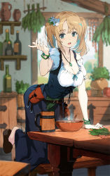 Rule 34 | 1girl, :d, beer mug, belt, blonde hair, blue eyes, blurry, blurry background, blush, bottle, bowl, bracelet, breasts, brown footwear, cleavage, commentary request, cup, day, dress, fantasy, flower, food, full body, green eyes, green wristband, hair flower, hair ornament, hand on table, hand up, herb, indoors, jewelry, kneeling, leg up, long hair, looking at viewer, mug, necklace, open mouth, original, pouch, smile, solo, standing, standing on one leg, table, twintails, vegetable, white flower, window, wristband, yoshitake