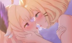 Rule 34 | 2girls, after kiss, ahoge, blonde hair, blue eyes, blush, enna alouette, eye contact, hair ornament, hairclip, half-closed eye, half-closed eyes, hand on another&#039;s arm, hand on another&#039;s cheek, hand on another&#039;s face, head wings, highres, holding head, looking at another, millie parfait, multiple girls, nijisanji, nijisanji en, purple eyes, saliva, saliva trail, telomere, tongue, tongue out, virtual youtuber, wings, yuri