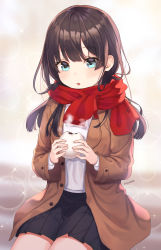Rule 34 | 1girl, absurdres, artist name, black hair, black skirt, blue eyes, blurry, blurry background, blush, brown coat, buttons, coat, cowboy shot, enpera, food, highres, holding, holding food, long hair, long sleeves, looking at viewer, miniskirt, open clothes, open coat, original, parted lips, pleated skirt, red scarf, revision, scarf, shirt, sidelocks, sitting, skirt, solo, soyubee, steam, white shirt, wing collar, winter clothes