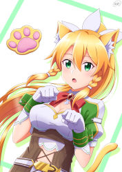 Rule 34 | 1girl, animal ears, animal hands, blonde hair, blush, bow, braid, breasts, cat ears, cat girl, cat tail, cleavage, cleavage cutout, clothing cutout, dutch angle, gloves, green eyes, hair between eyes, hair ornament, hands up, highres, kemonomimi mode, ken-ji, leafa, long hair, looking at viewer, medium breasts, open mouth, paw pose, ponytail, puffy short sleeves, puffy sleeves, red bow, short sleeves, solo, striped, sword art online, tail, twin braids, upper body, very long hair, white gloves, wrist cuffs