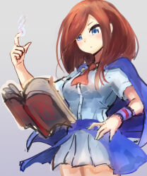 Rule 34 | 1girl, ascot, blue eyes, blush, book, breasts, brown hair, capelet, castlevania (series), castlevania: portrait of ruin, charlotte aulin, closed mouth, dress, hatano kiyoshi, highres, long hair, medium breasts, simple background, skirt, solo