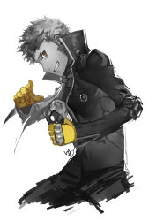 Rule 34 | 10s, 1boy, brown eyes, club3, gloves, greyscale, grin, highres, limited palette, looking at viewer, male focus, monochrome, persona, persona 5, pointing, pointing at viewer, sakamoto ryuuji, simple background, sketch, smile, solo, spot color, teeth, yellow gloves