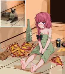 Rule 34 | 1girl, @ @, alcohol, bare legs, barefoot, beer, beer can, between legs, black bow, black nails, blunt bangs, blush, bocchi the rock!, bottle, bow, bowl, braid, can, cat, closed mouth, commentary, dress, drink can, drunk, fang, fang out, feet, fingernails, food, food bite, food on clothes, geta, green dress, hair bow, hair over shoulder, hand between legs, highres, hiroi kikuri, indoors, kurokimoko, light smile, long hair, messy, mushroom, nail polish, off shoulder, pet bowl, photo-referenced, photo inset, pizza, pizza slice, purple eyes, red hair, saliva, sandals, sauce, single braid, soles, solo, spaghetti strap, spill, spoon, tile floor, tiles, toenail polish, toenails, toes, unkempt, unworn sandals