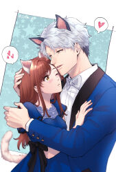 Rule 34 | 1boy, 1girl, absurdres, animal ears, asahina yui, black bow, blue dress, blue suit, blush, bow, brown eyes, brown hair, cat tail, dog ears, dress, formal, frown, grey bow, grey hair, heart, hetero, highres, ichinose ginga, la corda d&#039;oro starlight orchestra, long hair, long sleeves, one eye closed, shiratama (srtm gy), short sleeves, simple background, spoken heart, suit, tail, uniform, yellow eyes